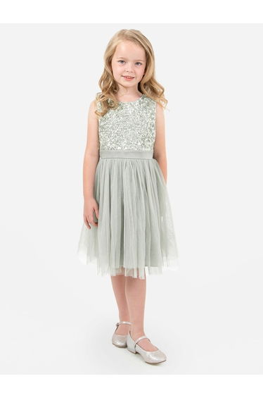 Mini Maya Green Lily Delicate Sequin Dress with Bow