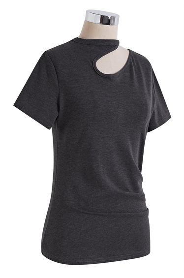 Asymmetric Cutout Shoulder Cotton Top in Smoke for Daily Outings & Weekend Gatherings