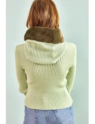 Women's Faux Fur Hooded Knitwear Sweater - 5