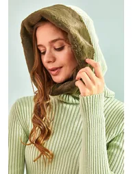 Women's Faux Fur Hooded Knitwear Sweater - 4