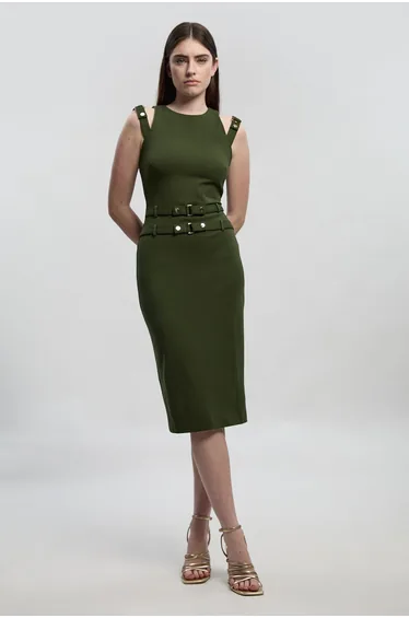 Ponte Trim Belt Detail Midi Pencil Dress