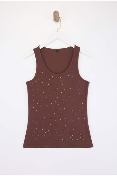 Brown Stone Detailed Large Size Knitted Undershirt