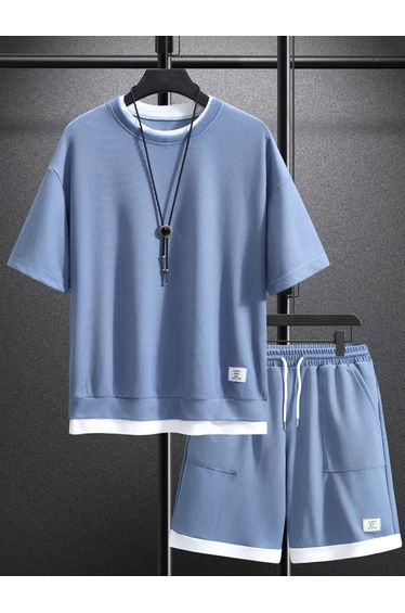 Men Blue Texture Round Neck Short Sleeve T-Shirt and Shorts Co-Ords