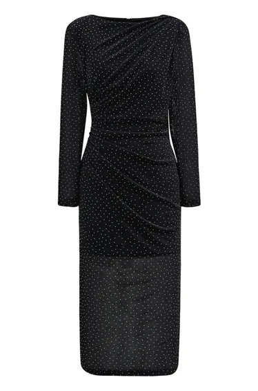 Rhinestone Decor Ruched Pad Shoulder Midi Dress in Black