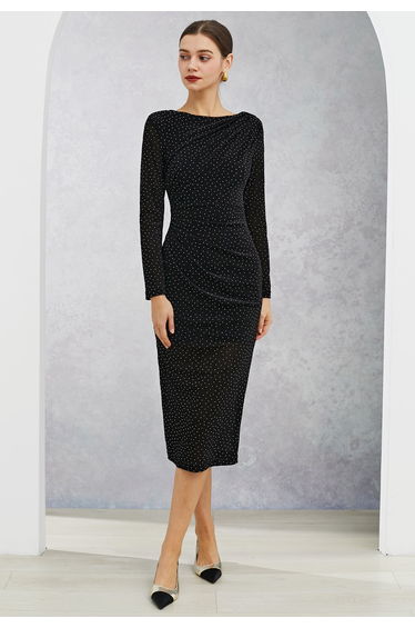 Rhinestone Decor Ruched Pad Shoulder Midi Dress in Black