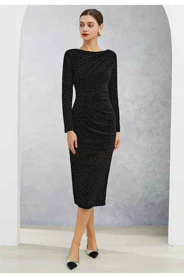 Rhinestone Decor Ruched Pad Shoulder Midi Dress in Black