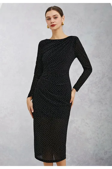 Rhinestone Decor Ruched Pad Shoulder Midi Dress in Black