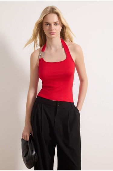 Red Fitted/Bodycon Halter Neck Accessory Detail Soft Knitted