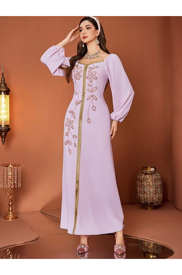 Women Pink Rhinestone Embellished Golden Trim Jalabiya