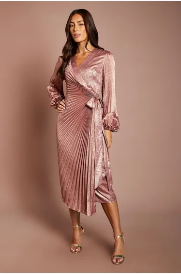 Metallic Blouson Sleeve Tie Wrap Pleated Midi Dress