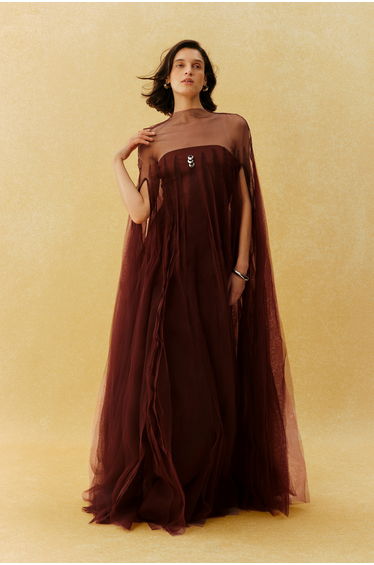 Main Character Burgundy Layered Ruffle Sheer Tulle Maxi Dress