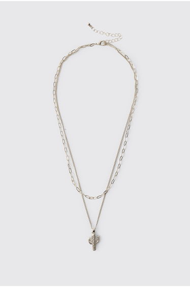 Cactus Pendant Layered Necklace - silver