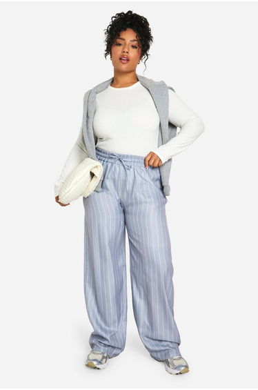 Plus Stripe Woven Drawstring Trousers - grey