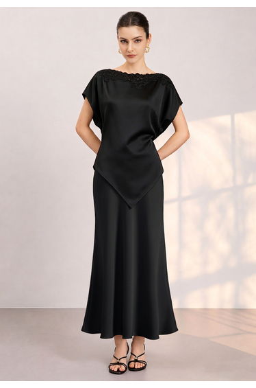 Fluid Draped Satin Flared Maxi Skirt in Black