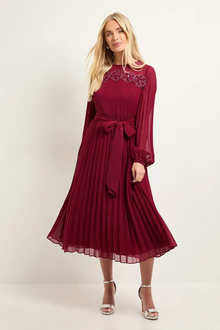 Petite Pleated Floral Trim Midi Dress