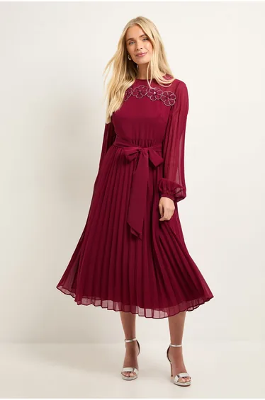 Petite Pleated Floral Trim Midi Dress