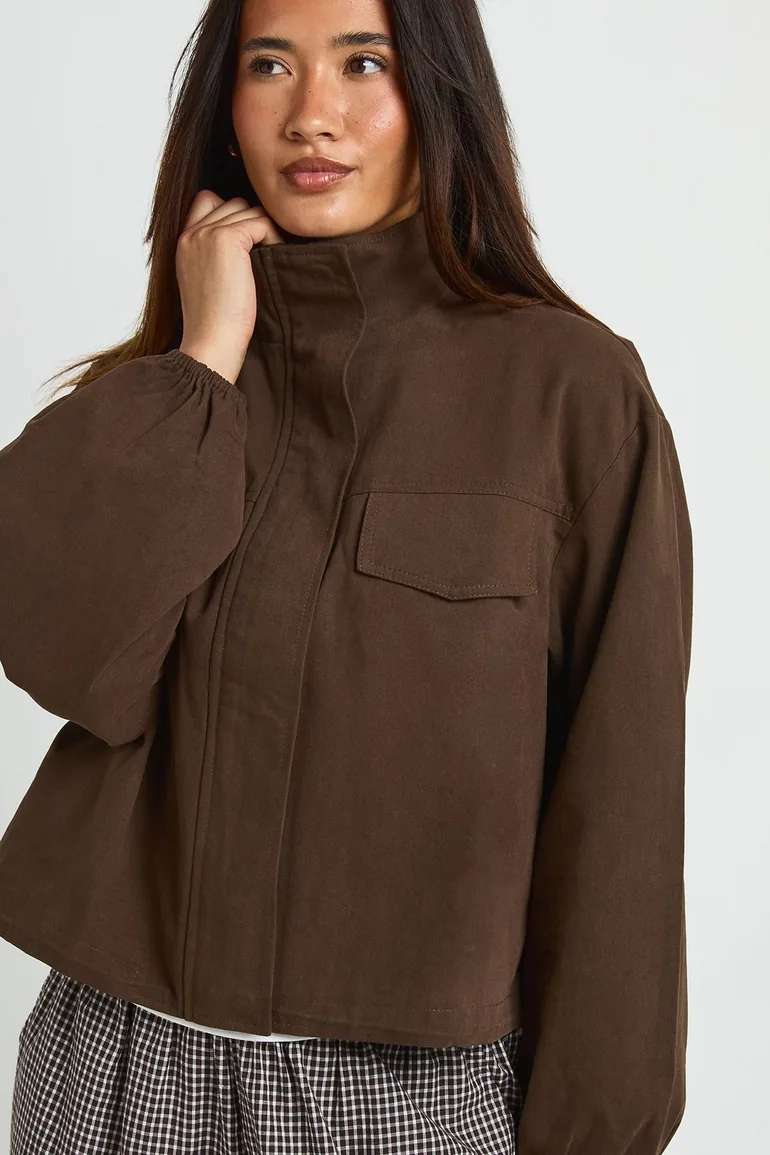 Twill Funnel Neck Elasticated Waist Jacket - dark chocolate - 3