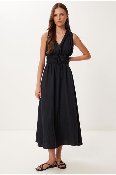 Women's Black Wrap Collar Midi Woven Dress
