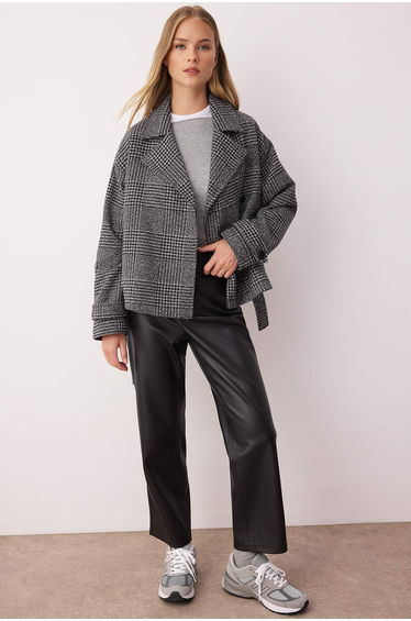Dark Gray Plaid Patterned Regular Fit Belted Cashmere Thin Jacket