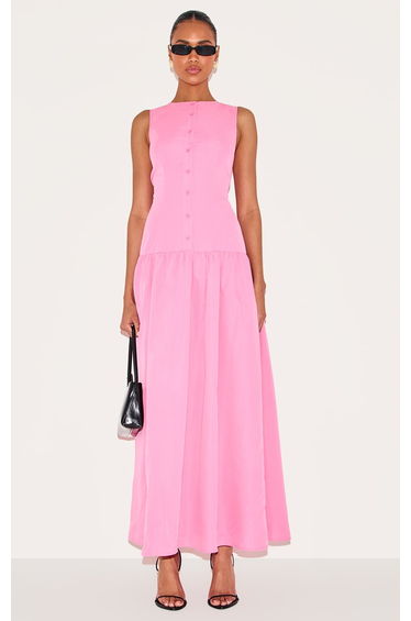 Candy Pink Button Down Drop Waist Maxi Dress