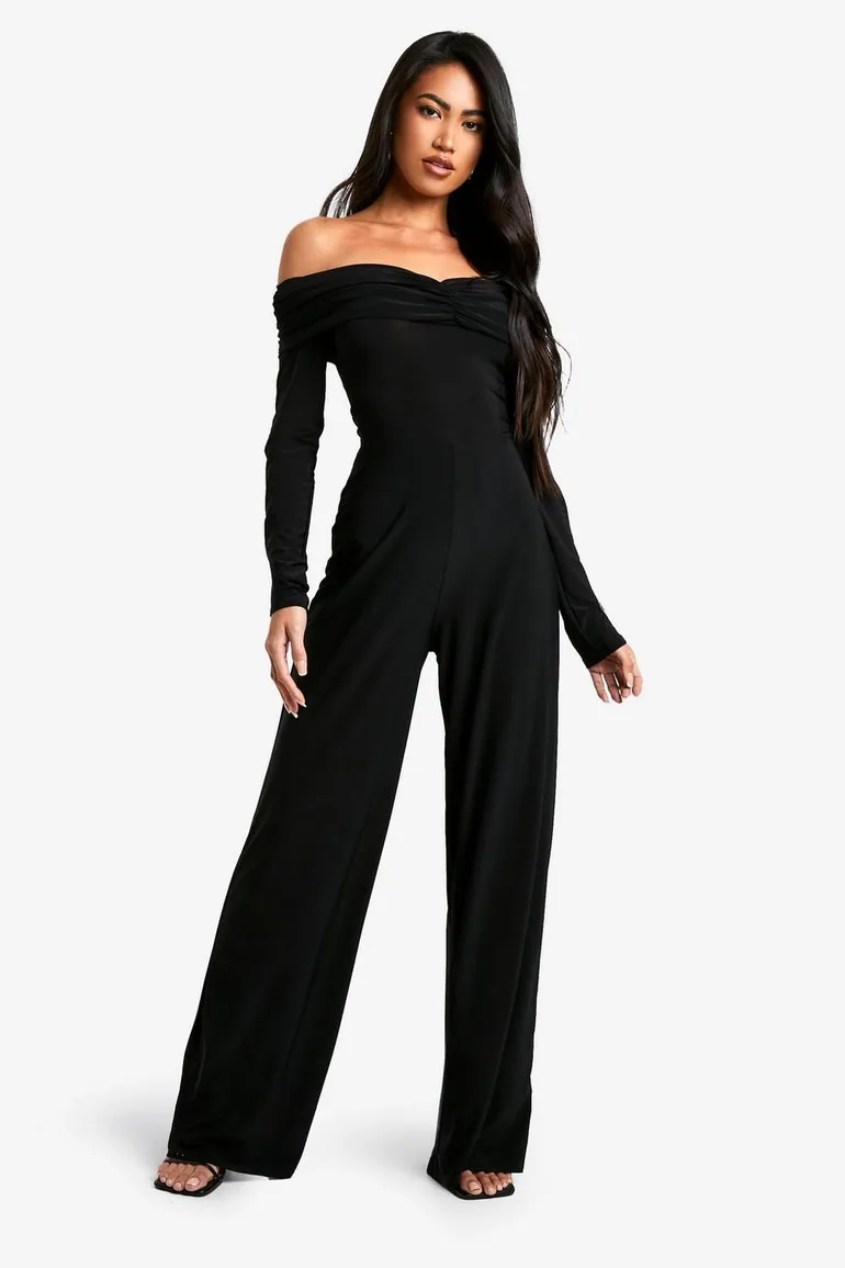 Deep Ruched Bardot Wide Leg Jumpsuit - 1