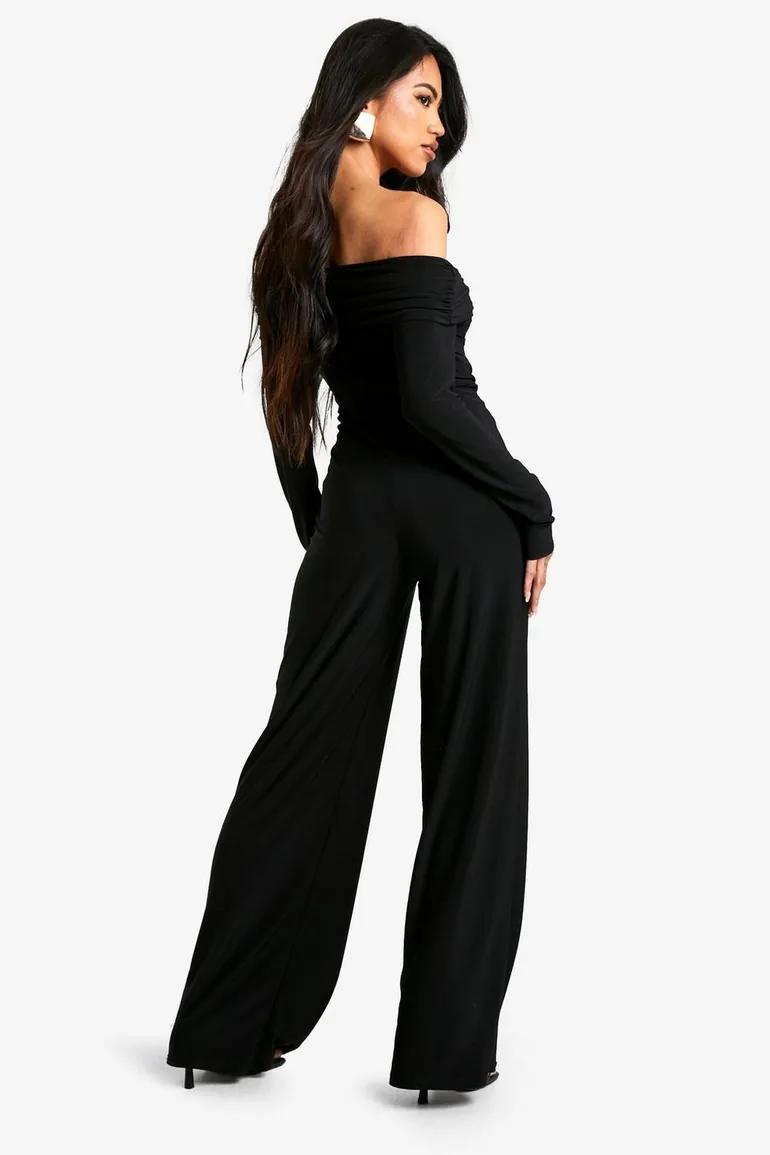 Deep Ruched Bardot Wide Leg Jumpsuit - 2