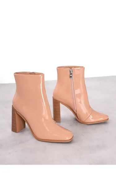 Beige Patent Square-Toe Chunky Heel Boots