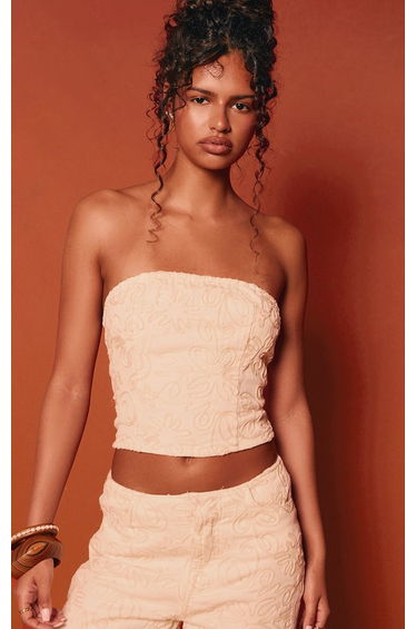 Ecru Floral Embroidered Denim Bandeau Top