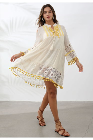 Cutwork Lace Tassel Trim Dolly Dress in Cream