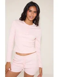 Baby Pink Ribbed Button Down Long Sleeve Pyjama Top - 1