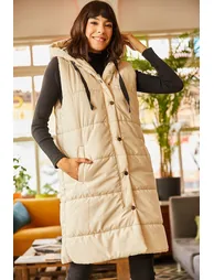 Women's Stone Hooded Inflatable Vest with Pockets - 1