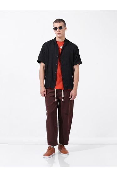Men Black Textured Spread Collar Shirt