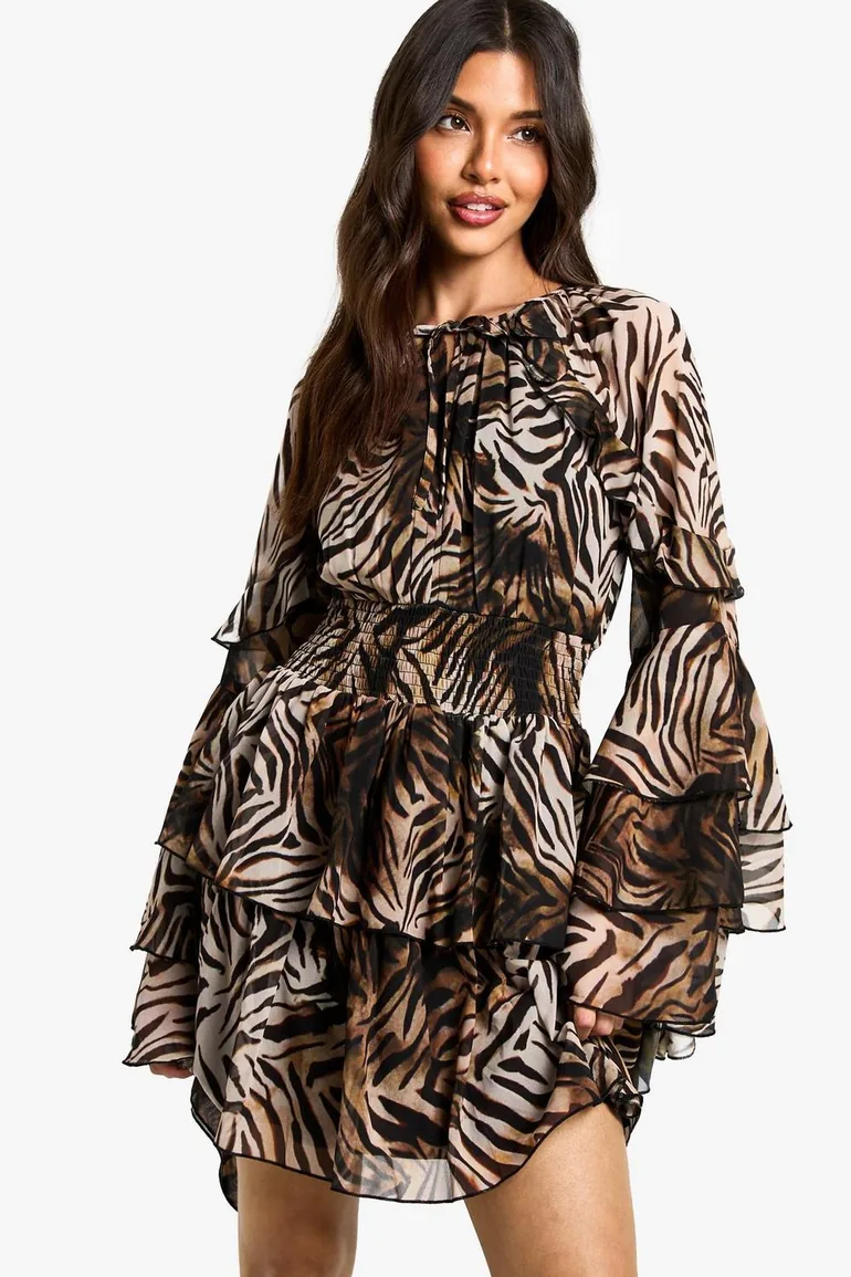 Zebra Printed Chiffon Long Sleeve Ruffle Mini Dress - brown - 1