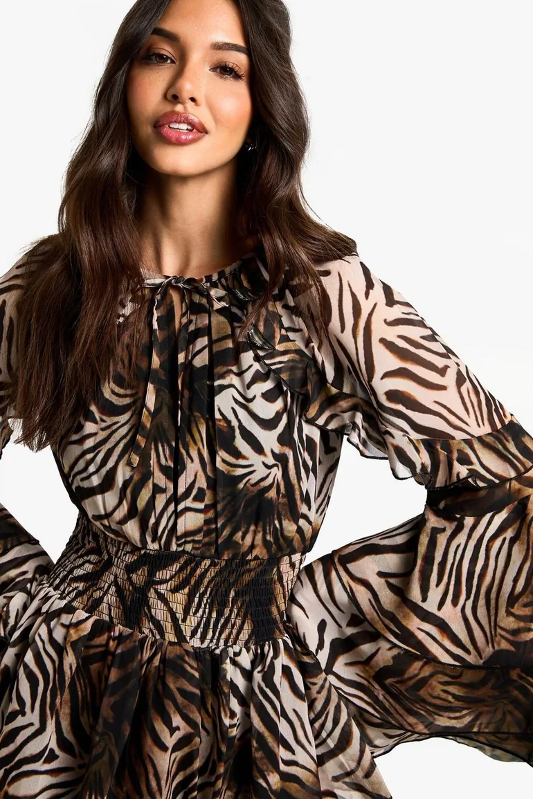 Zebra Printed Chiffon Long Sleeve Ruffle Mini Dress - brown - 3