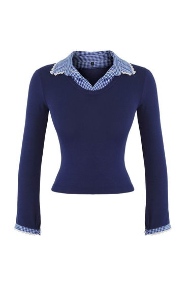 Teen Navy Blue Plaid/Checked Fitted/Fits-Your-Body Woven Detailed Knitted Blouse