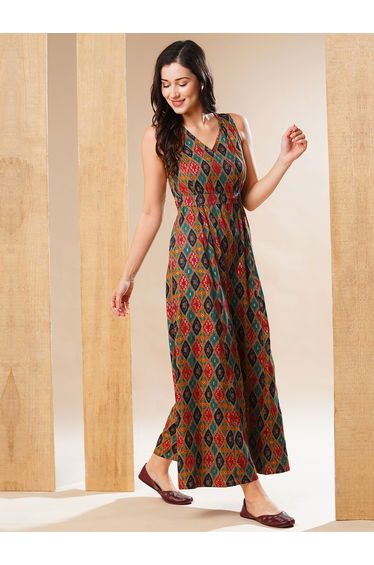 Women Multi Printed Wrap V Neck Wide Leg Jumpsuit
