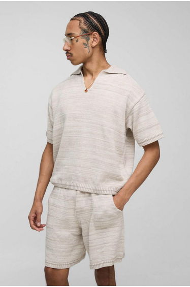 Oversized Boxy Knitted Marl Polo & Relaxed Short Set