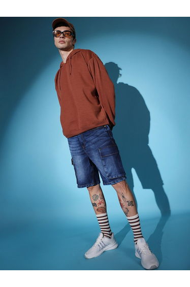 Men Blue Acid Wash Denim Cargo Shorts