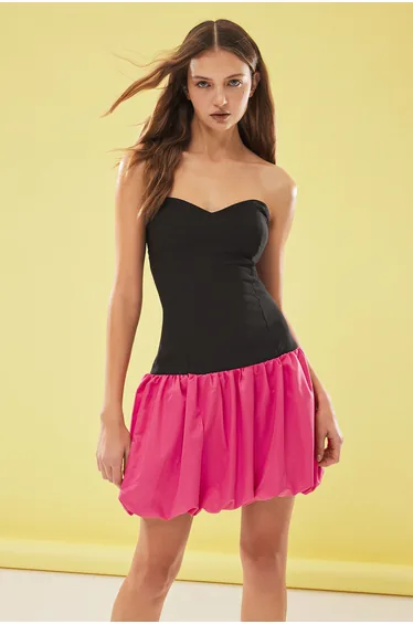Black-Fuchsia Body-Smoothing Balloon Skirt Detail Chic Short Dress