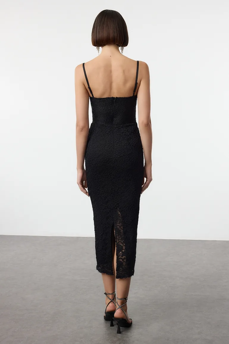 فستان محبوك دانتيل ضيق مبطن - أسود - 1