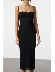 فستان محبوك دانتيل ضيق مبطن - أسود - 4