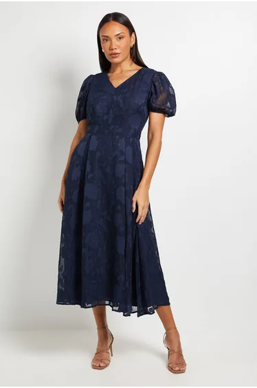 Floral Jacquard Puff Sleeve Midi Dress
