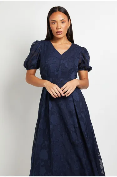 Floral Jacquard Puff Sleeve Midi Dress