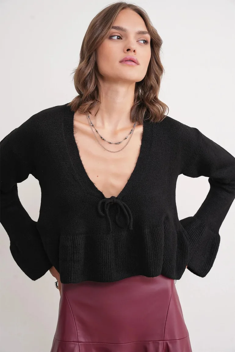 Mixray Bow Detailed Ruffled V-Neck Knit Sweater - 2