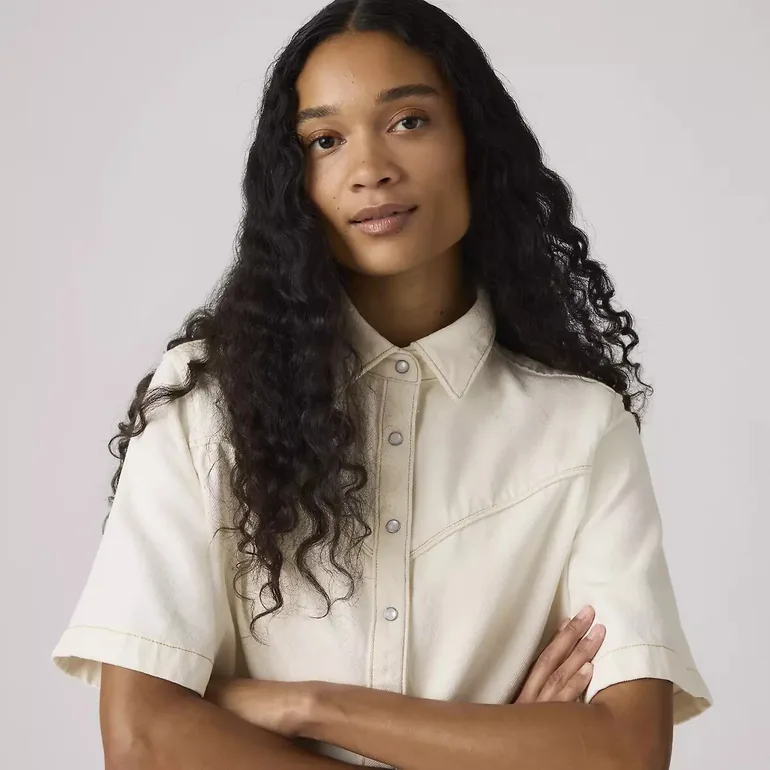 Short Sleeve Short Denim Blouse - 3