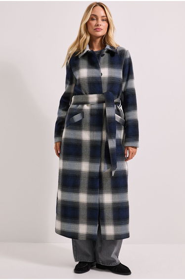 Check Detail Fur Cuff Detail Belted Coat