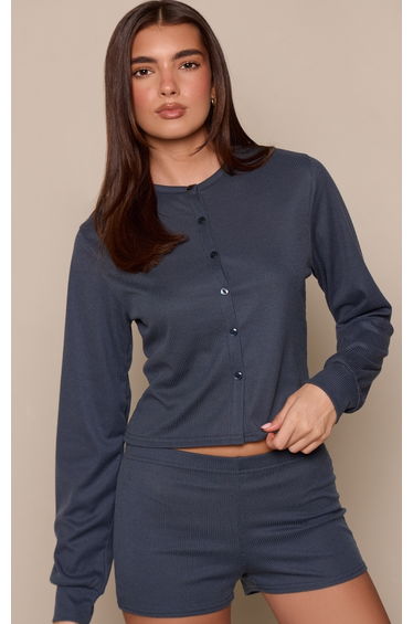 Charcoal Grey Ribbed Cinched Waist Cardigan
