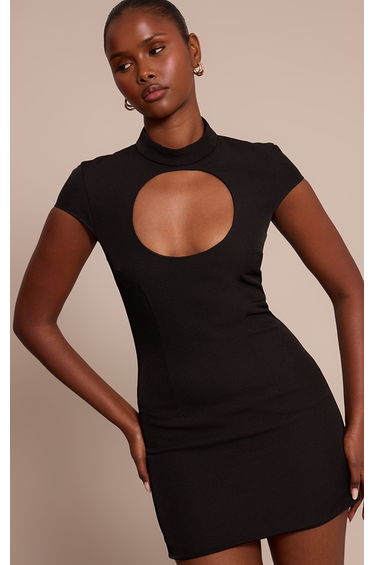 Black Woven Cut Out Cap Sleeve Mini Dress