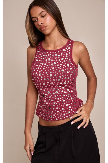 Petite Burgundy Stud Detail Vest Top