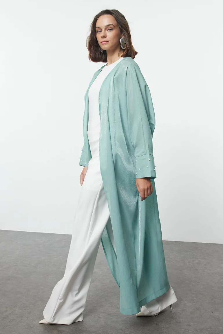 Mint Pearl Detailed Woven Shiny Fabric Cap & Abaya - 3